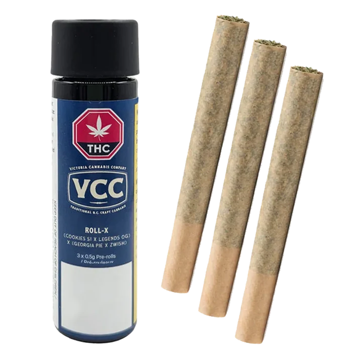 Three pre-rolls standing upright beside a blue canister labeled Roll-X PR 3 x 0.5 g.