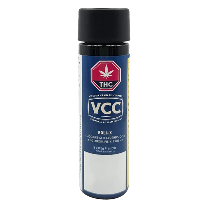 Tall front-facing black and blue tube labeled Roll-X PR 3 x 0.5 g with a VCC logo and THC symbol against a white background.