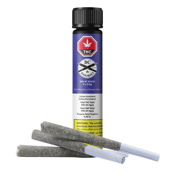 Straight-on view of a Roll-X plastic tube standing upright with three pre-rolled joints lying in front on a white background.