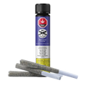 Straight-on view of a Roll-X plastic tube standing upright with three pre-rolled joints lying in front on a white background.