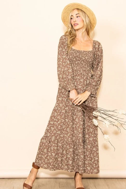 Romantic Floral Square Neck Tiered Maxi Dress with Pockets