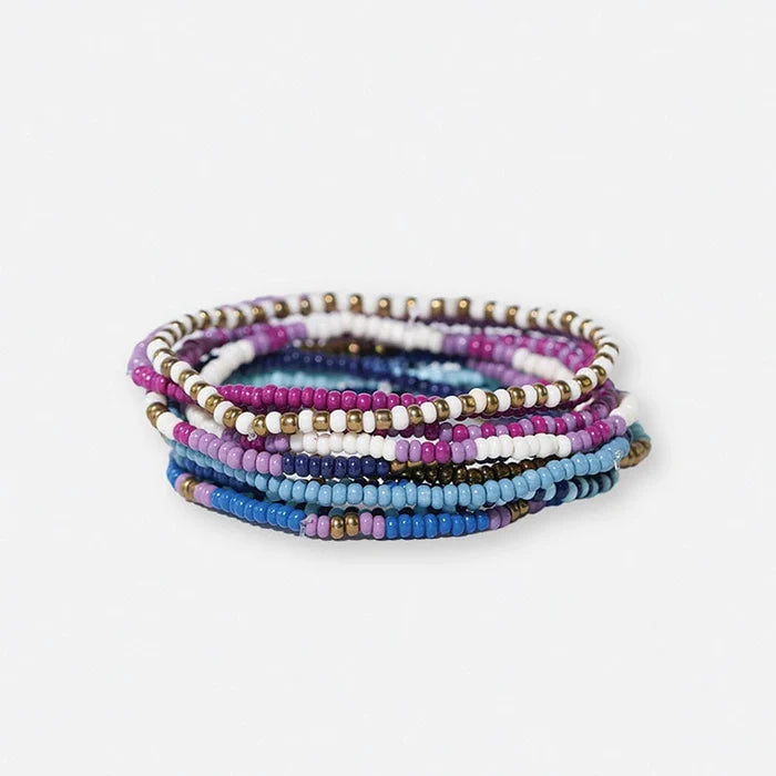 Sage Mixed Stripe Beaded 10 Strand Stretch Bracelet Set Blue + Lavender