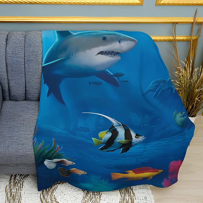 Shark and Fish in the Sea Print Plush Fleece Throw Blanket