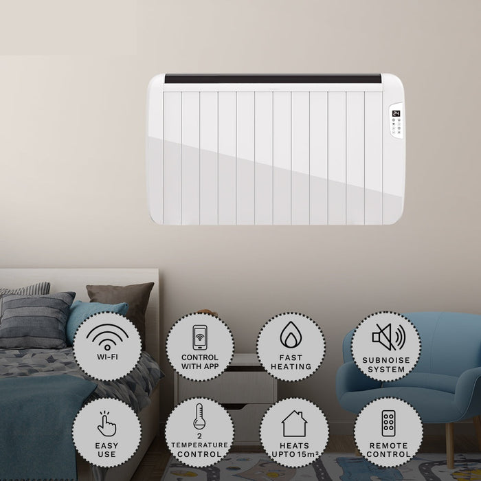 Smart Electric Radiator Heater 2000W WiFi App Control White Wall Mounted or Freestanding