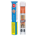 Straight-on view of the SMRF Liquid Diamonds Vape Cartridge showing the clear cartridge with orange mouthpiece beside its blue warning tube.