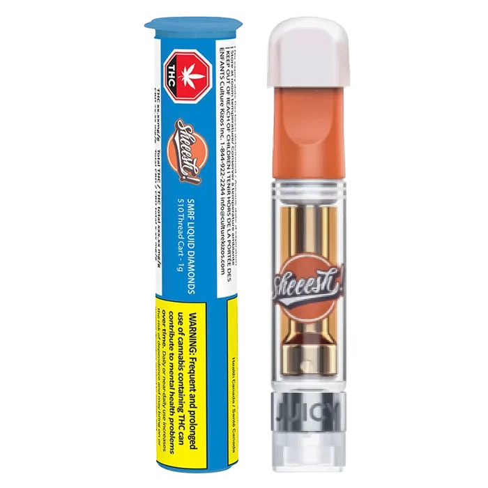 Straight-on view of the SMRF Liquid Diamonds Vape Cartridge showing the clear cartridge with orange mouthpiece beside its blue warning tube.