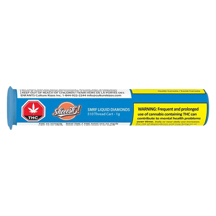 Horizontal close-up of a blue tube label reading SMRF Liquid Diamonds Vape Cartridge with a red THC octagon and yellow warning panel.