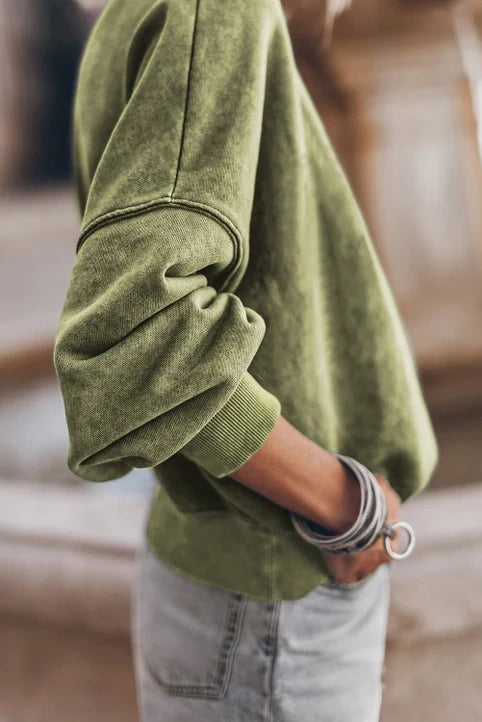 Solid Color Drop Shoulder Crew Neck Pullover Sweatshirt (Green)