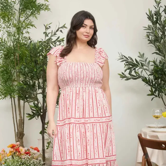 Stripe Floral Pattern Smocked Tiered Midi Dress