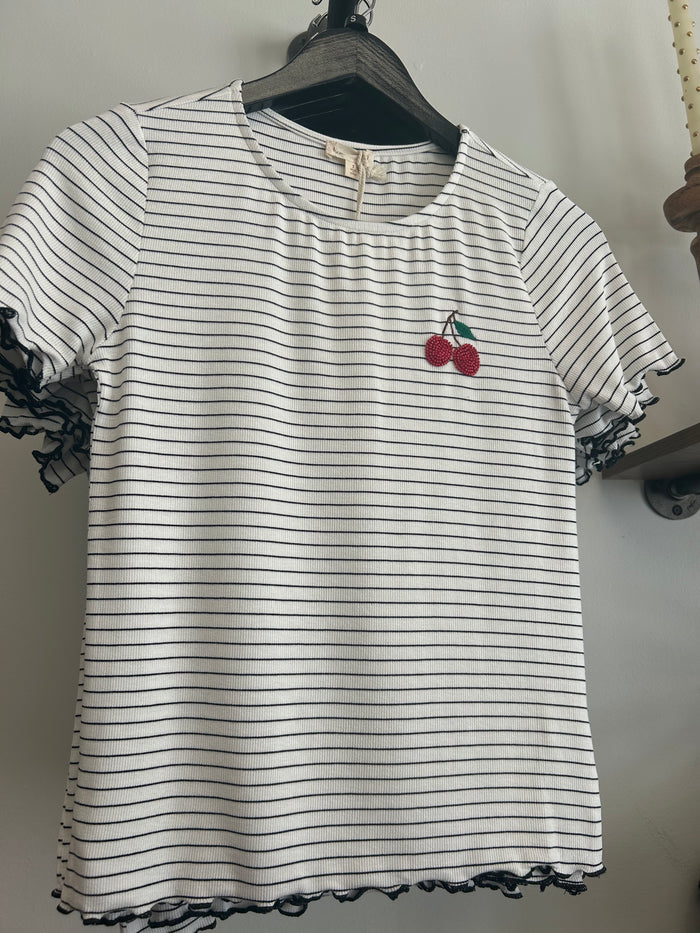Stripe Rib Tee with Cherry Bead Embroidery