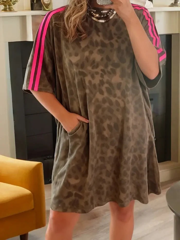 Striped Accent Leopard T Shirt Mini Dress with Pockets