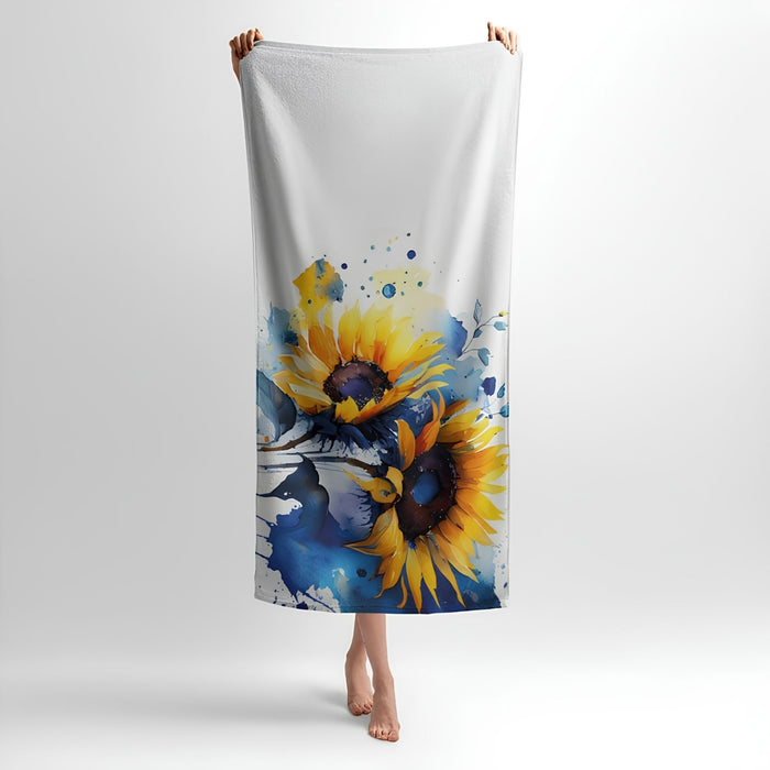 Sunflowers Watercolor Print - Soft Cotton Terry Bath & Beach Towel