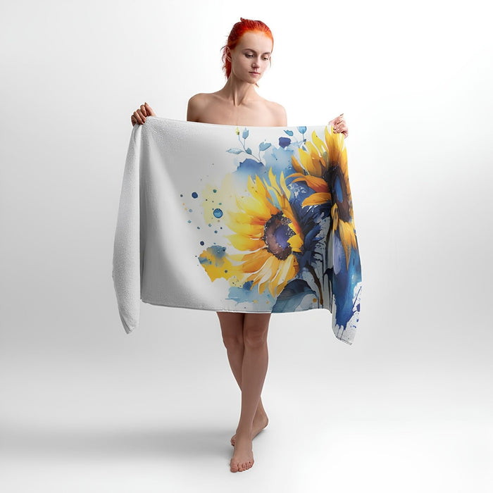 Sunflowers Watercolor Print - Soft Cotton Terry Bath & Beach Towel