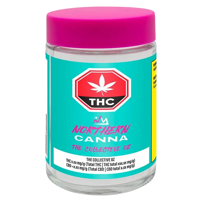 Front-facing jar with a pink lid and teal label reading Northern Canna The Collective Oz, photographed on white.