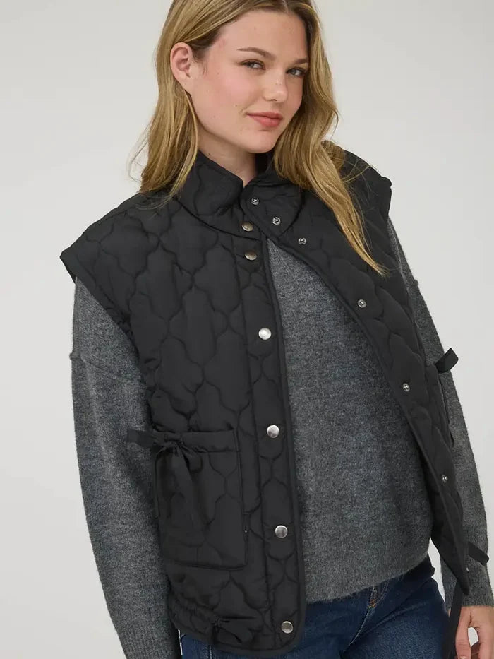 Tie Detail Snap Button Down Quilted Puffer Vest