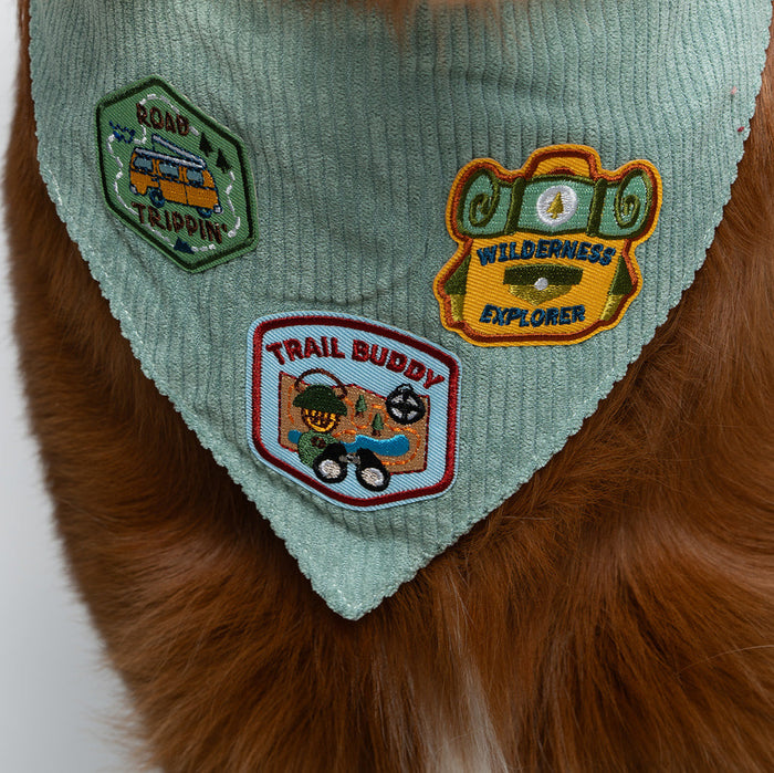 Corduroy pet bandana with embroidered patches on a golden retriever dog.