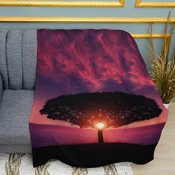 Tree at Sunset Silhouette Print Plush Fleece Throw Blanket