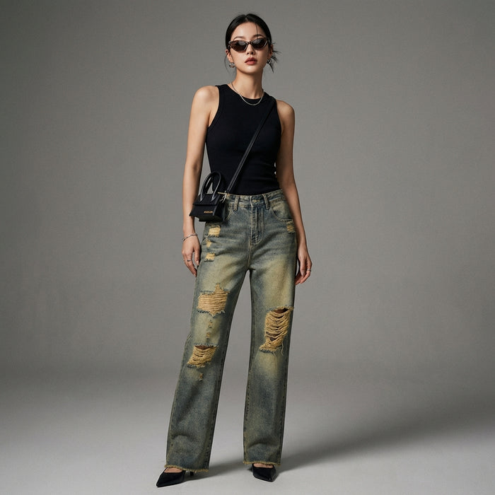 Jean droit délavé pour un look streetwear moderne - Koreanxwear - Taille XL - Grande Taille