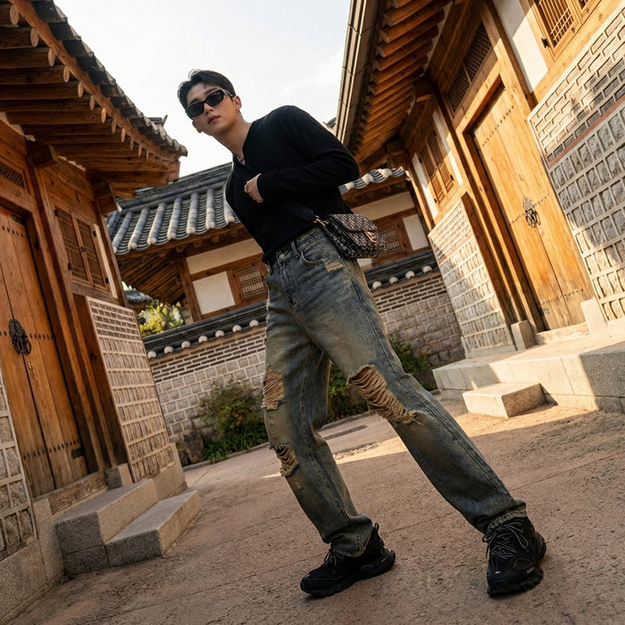 Jean droit délavé pour un look streetwear moderne - Koreanxwear