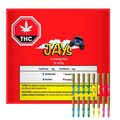Front-facing view of the red Jay's Variety Pack Infused PR 16 x 0.25 g box with colorful pre-rolls lined up at the lower right.