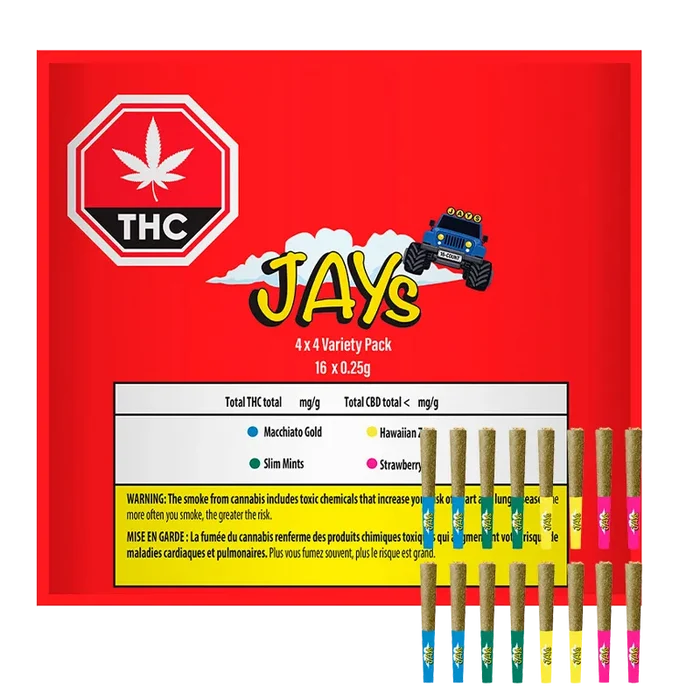 Front-facing view of the red Jay's Variety Pack Infused PR 16 x 0.25 g box with colorful pre-rolls lined up at the lower right.
