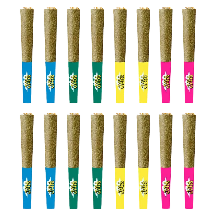 Top-down grid of 16 rolled cones with colored tips in blue, green, yellow, and pink showing the Variety Pack Infused PR 16 x 0.25 g.