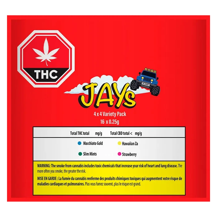 Centered front view of the red packaging for Variety Pack Infused PR 16 x 0.25 g featuring a yellow "JAYS" logo, THC octagon, and a blue toy truck.