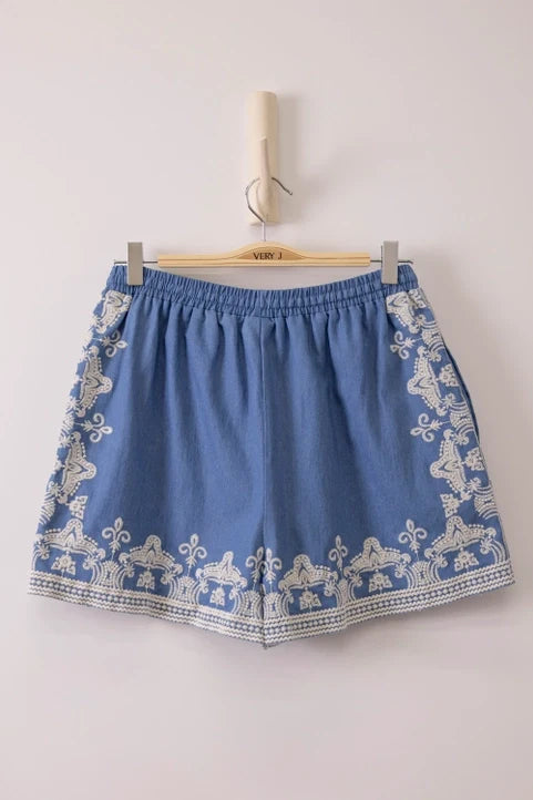 Washed Chambray Embroidered Shorts