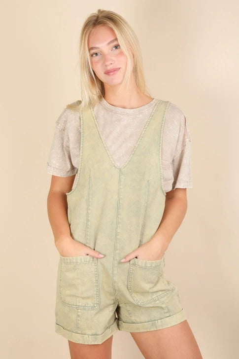 Washed Denim Casual Romper- Sage