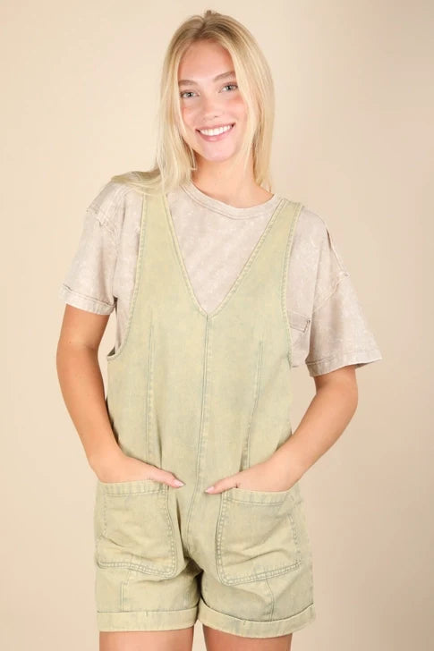 Washed Denim Casual Romper- Sage