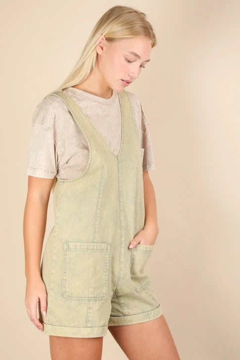 Washed Denim Casual Romper- Sage