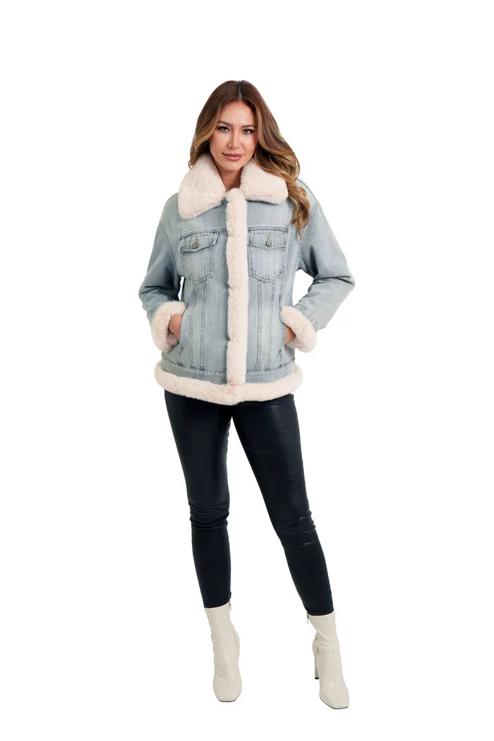 White Fur Trim Denim Jacket