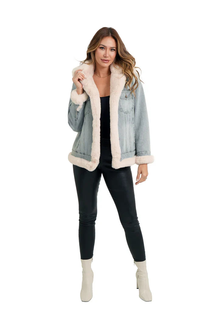 White Fur Trim Denim Jacket