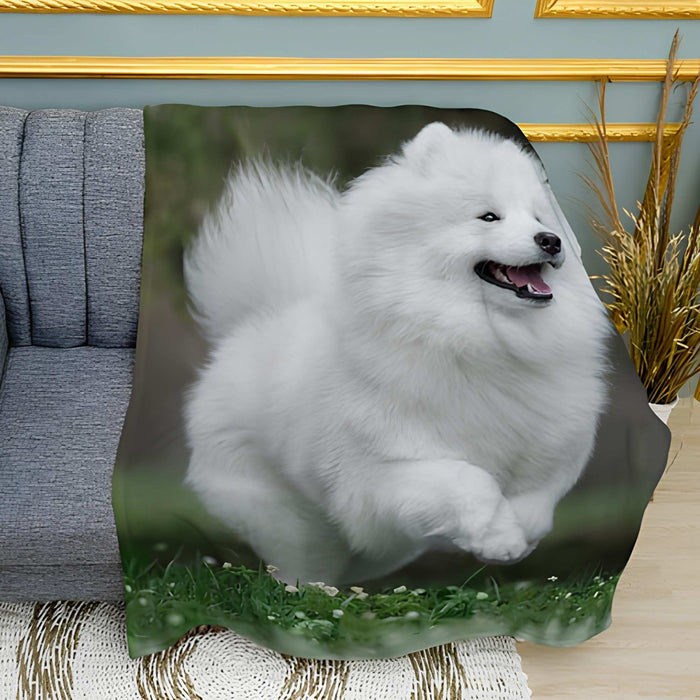 White Spitz in the Field Print Plush Fleece Throw Blanket
