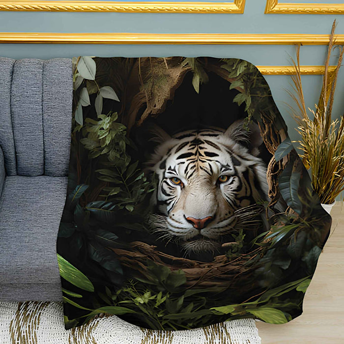 White Tiger in Ambush Print Plush Fleece Throw Blanket