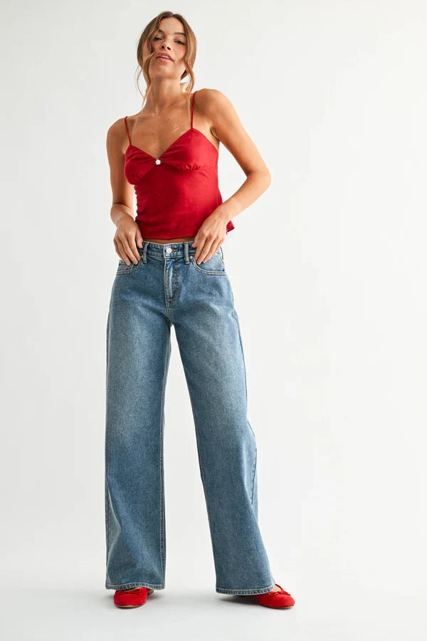 Wide Leg W/ Cherry Embroidery
