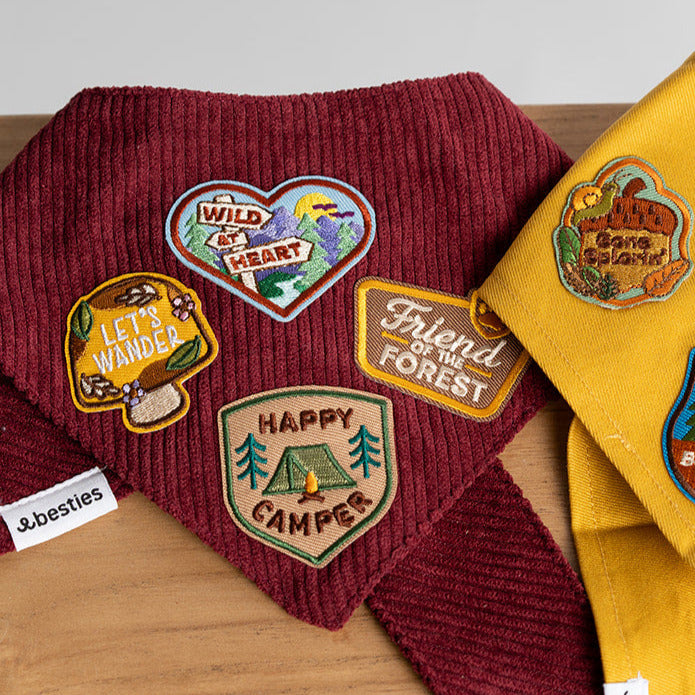 Three dog bandanas with embroidered patches on a wooden surface