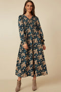 Womens Antique Floral Smocked Panel V Neck Dress