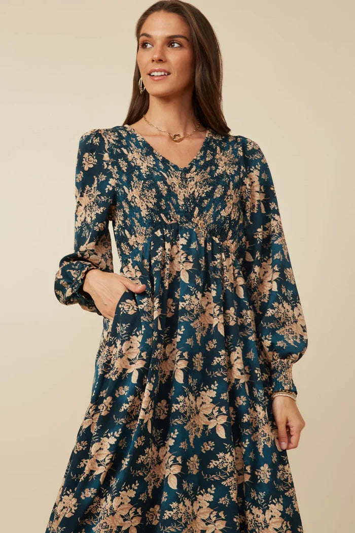 Womens Antique Floral Smocked Panel V Neck Dress