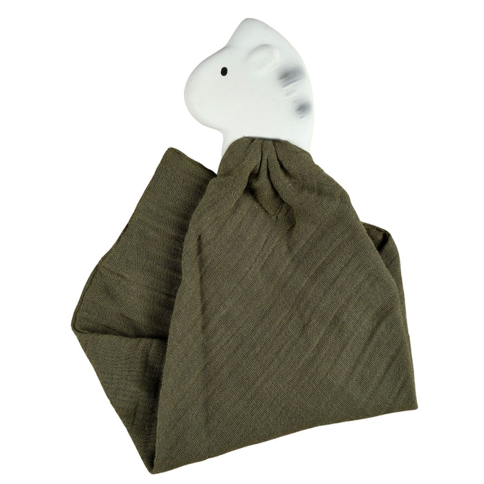 Zebra Comforter Cypress Green Muslin with Organic Natural Rubber Teether