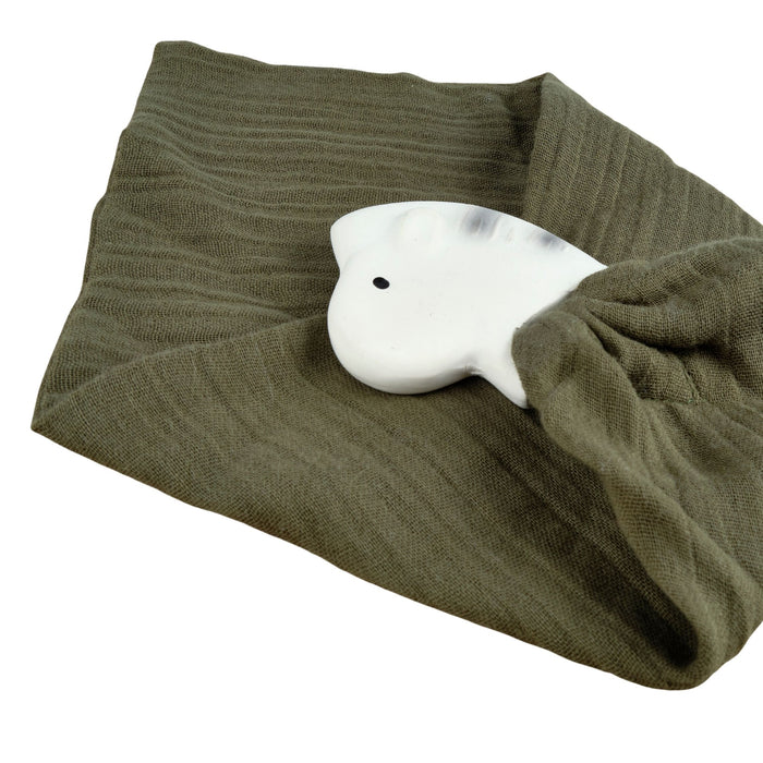 Zebra Comforter Cypress Green Muslin with Organic Natural Rubber Teether