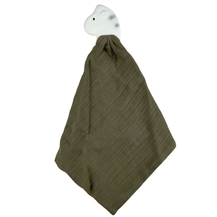 Zebra Comforter Cypress Green Muslin with Organic Natural Rubber Teether