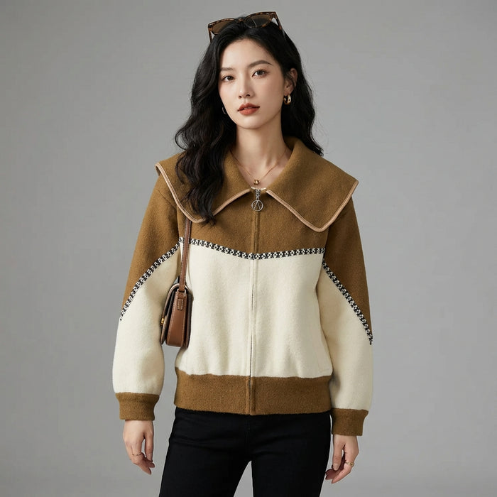 Cardigan zippé col contrasté bicolore - Mode coréenne streetwear - Taille one size
